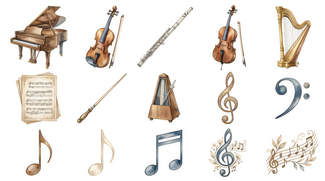 Collection of classical music instruments and symbols icons isolated on white background
