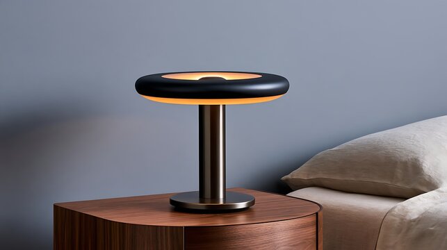 Modern oval table lamp with black and gold finish on wooden bedside table