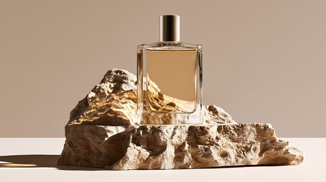 Elegant rectangular glass perfume bottle with silver cap on natural stone