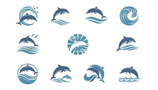 Set of blue dolphin icons and symbols for ocean logos