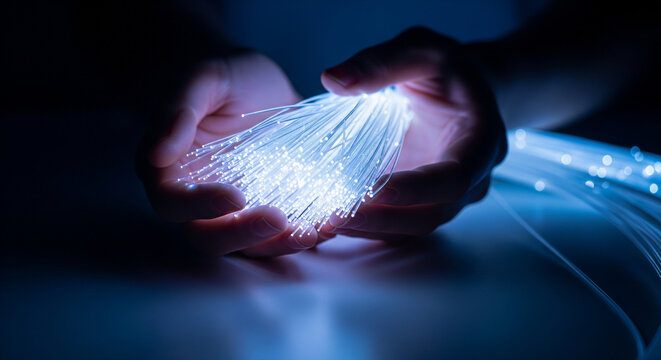 Hands holding glowing fiber optic cables for high speed data transfer and telecommunication concept
