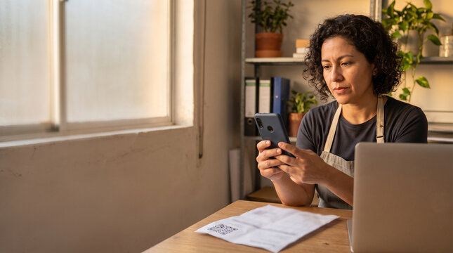 Restaurant owner hesitating over a fake QR invoice in restaurant