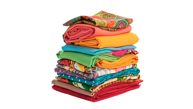 Neatly folded stack of colorful vibrant textile cotton laundry clothes isolated on transparent background png