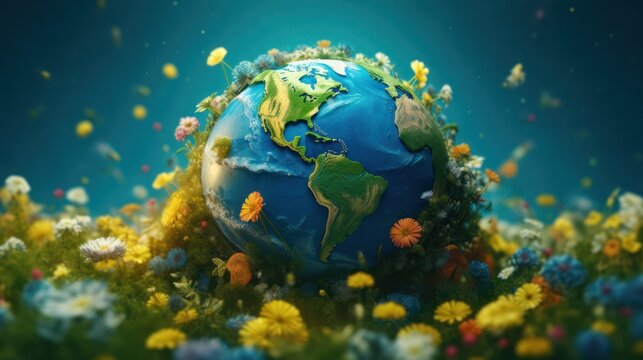 Earth Blooming with Flowers Underwater Amidst Coral Reefs.