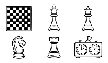 Set of professional chess equipment icons including a checkered board king queen knight rook and digital chess clock with chess pieces strategy game gaming equipment mind game strategy © ZUI