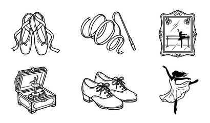 Collection of ballet related icons including ballet slippers rhythmic gymnastics ribbon ballet studio mirror music box and tap shoes with ballet dancer dance studio performing arts © ZUI