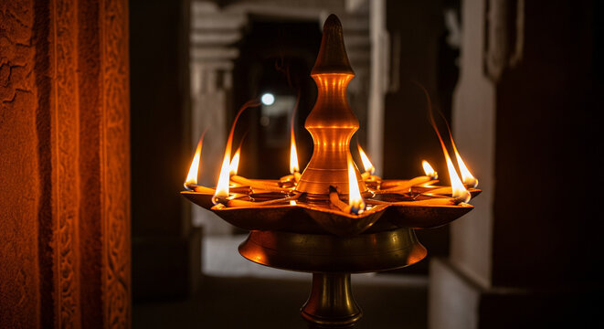 Traditional Indian brass oil lamp with multiple burning wicks in a temple