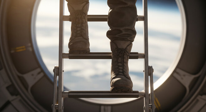 Close-up of astronaut boots on a ladder in a spacecraft airlock overlooking Earth