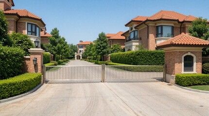 Obraz premium Entrance of luxury gated community with large red tile roof houses. Closed metal gate secures private residential street. Green manicured hedges, trees, paved driveway lead to upscale villas under