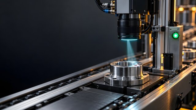 Automated industrial machine vision system inspecting a metal component on a conveyor belt with blue light illumination