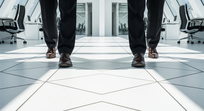 Symmetrical low angle shot of businessmen walking in a bright modern office interior