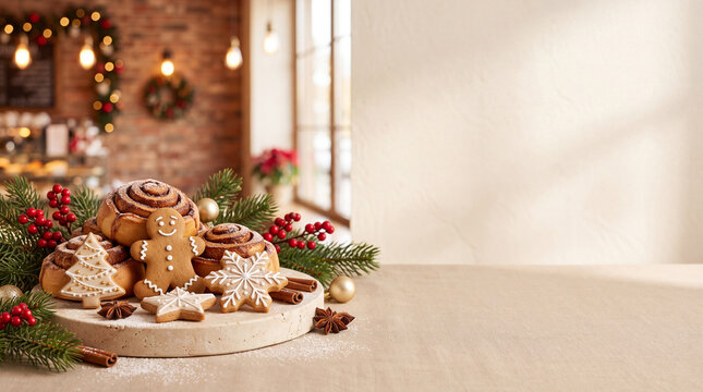 Cozy Christmas Bakery Background with Gingerbread Cookies and Festive Treats