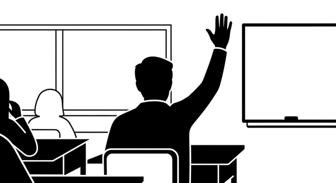 Student raising hand in classroom during a lesson