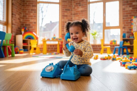 Cute hispanic toddler girl plays with blue vintage toy phone on floor. Happy child sits in bright kindergarten playroom with colorful toys. Little preschooler enjoys imaginative role play game during