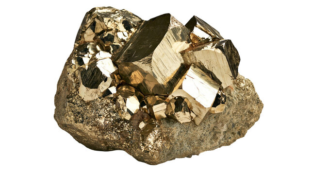 Raw pyrite crystal cluster with metallic gold cubic formations on rocky matrix