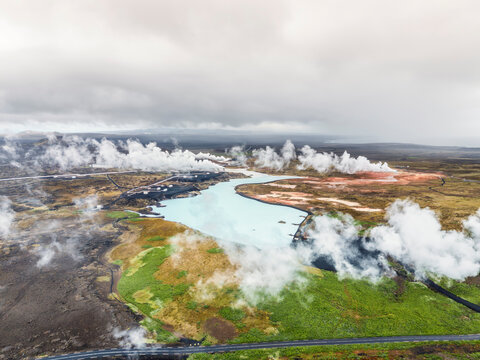 Aerial view of Reykjanes geothermal power station in Iceland