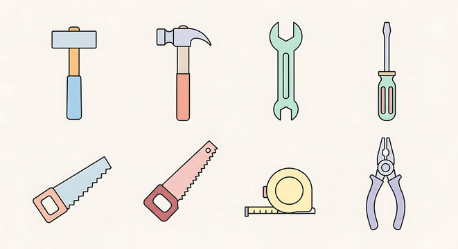 Set of colorful pixel art construction tools icons