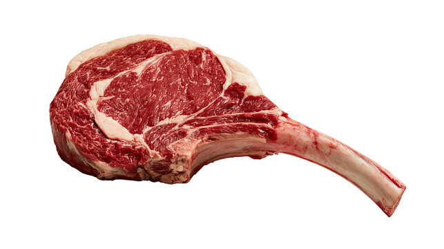 Raw tomahawk ribeye steak with marbled beef and long bone