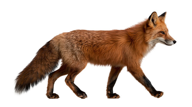 Full body side view of a red fox walking with fluffy tail and alert expression