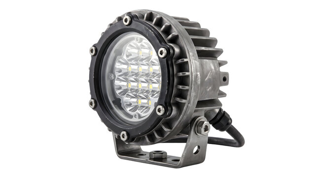 Round off-road LED work light with metal housing, automotive LED spotlight pod, bright auxiliary vehicle fog lamp on white background