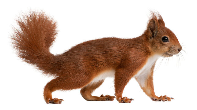 Red squirrel with fluffy tail standing in profile view