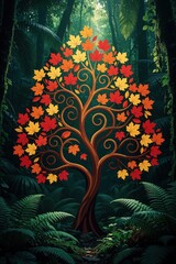 Obraz premium Stylized autumn tree with colorful orange, red maple leaves in enchanted forest. Fantasy illustration shows swirling branches among green ferns, jungle plants. Magical seasonal nature scene with fall