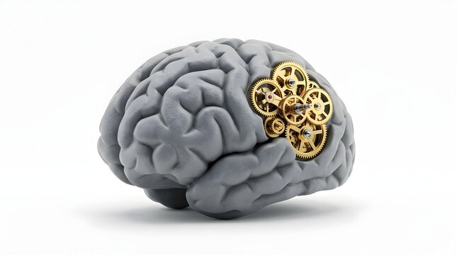 Conceptual 3D Rendering of a Human Brain with Intricate Golden Mechanical Gears Representing Logical Thinking and Cognitive Function on a White Background