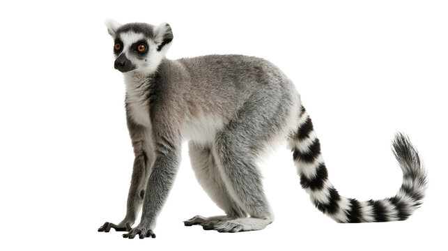 Ring-tailed lemur with grey fur and long striped tail standing in profile