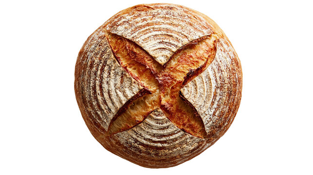 Round crusty sourdough loaf with cross score pattern