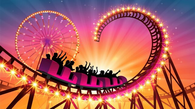 Roller coaster ride thrills people under a vibrant sunset sky.
