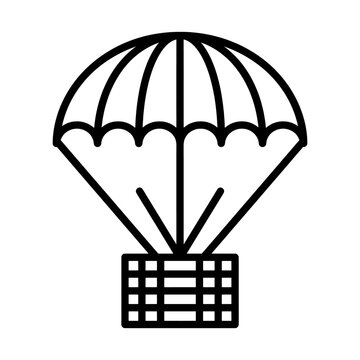 Parachute with cargo box icon, simple black line style vector illustration