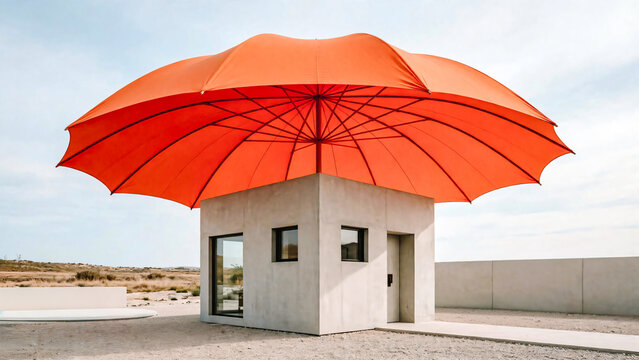 Maison avec parapluie rouge g&eacute;ant au dessus
