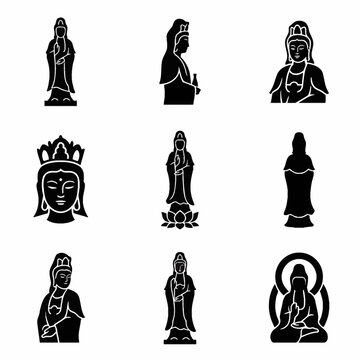 Vector illustration of the Kun Iam Statue (Guan Yin) in Macau, a prominent bronze landmark and deity of mercy, depicted in a stylized icon format with elegant curves and serene expression.