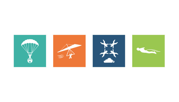 Four square icons depicting extreme air sports including parachuting hang gliding and wingsuit flying activities.