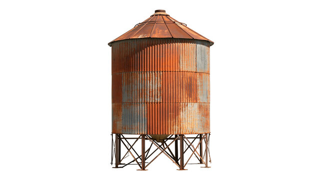 Rusty corrugated metal grain silo with conical roof on steel support legs