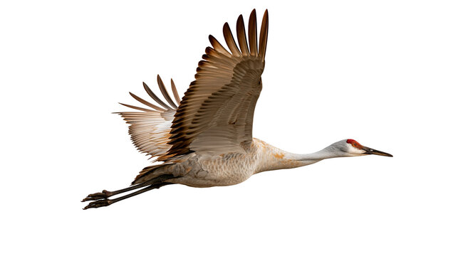Sandhill crane in flight with wings spread wide and red crown patch