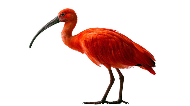 Vibrant scarlet ibis bird with curved black beak and bright red plumage