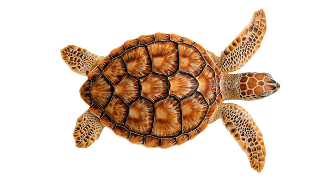 Top view of a juvenile hawksbill sea turtle with patterned brown shell