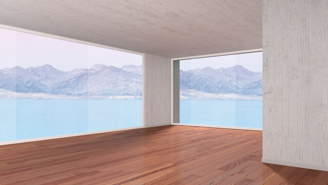 Empty room with parquet flooring, 3D rendering