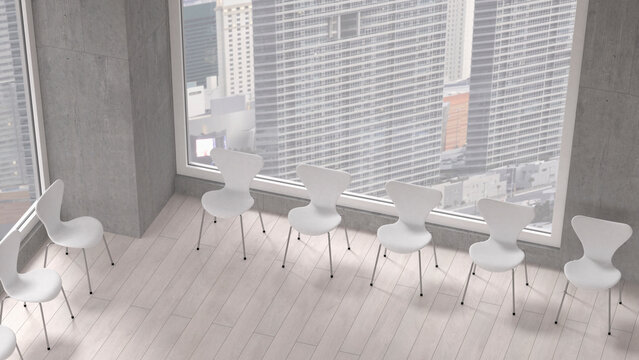 Row of chairs in a room of a modern office building, 3D Rendering