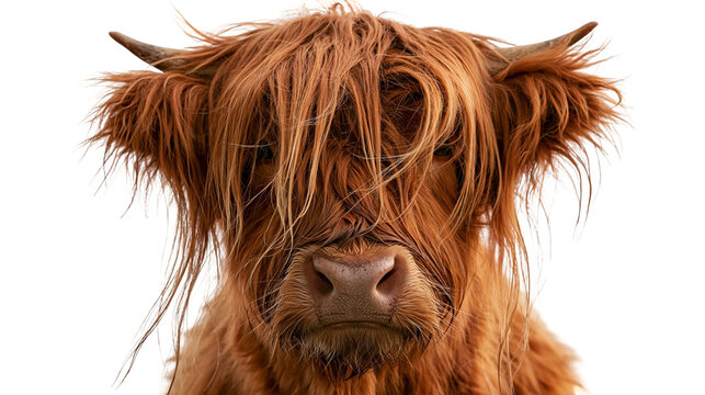 Shaggy brown Highland cattle head with long hair covering eyes and sharp horns