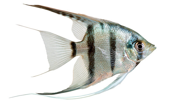 Silver angelfish with black vertical stripes and long flowing fins