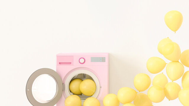 Yellow balloons emerging from washing machine, 3d rendering