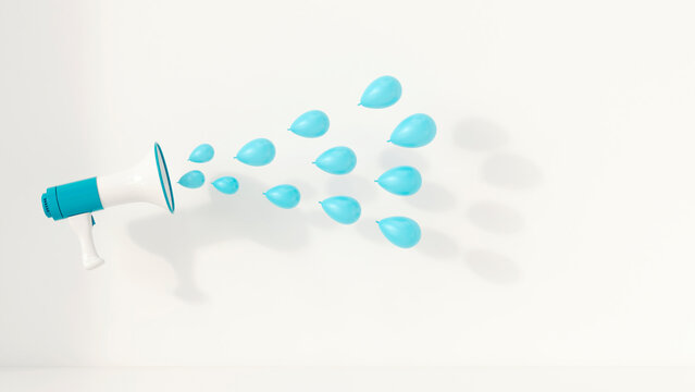 Megaphone with blue balloons as sound waves, 3d rendering