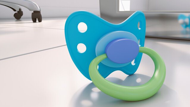 Pacifier lying on office floor, 3d rendering