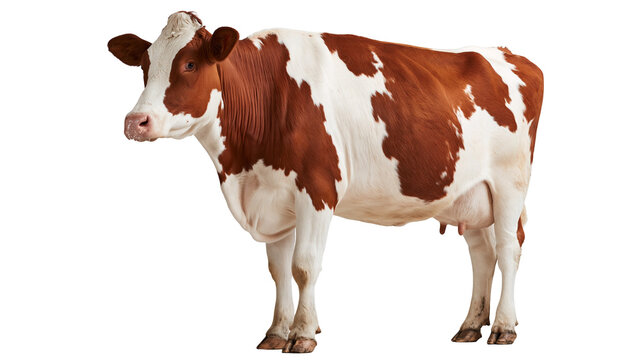 Red and white spotted dairy cow standing in profile