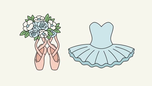 Ballet themed illustration featuring pink pointe shoes with ribbons, a floral bouquet, and a blue tutu dress.