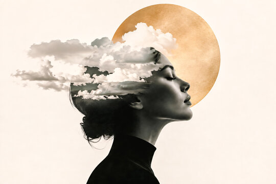 Femme ave cla t&ecirc;te dans les nuage et cercle dor&eacute;