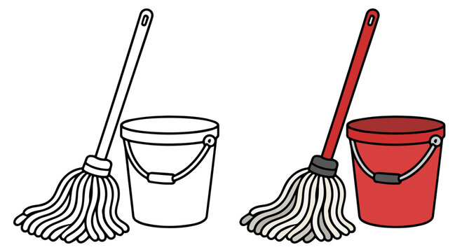 A simple cartoon illustration shows a mop and bucket set, one in outline and one in color, representing cleaning tools.