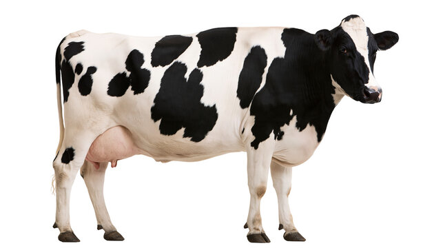 Black and white Holstein dairy cow standing in profile